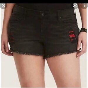 Torrid Distressed Black Denim Shorts Red Roses 14